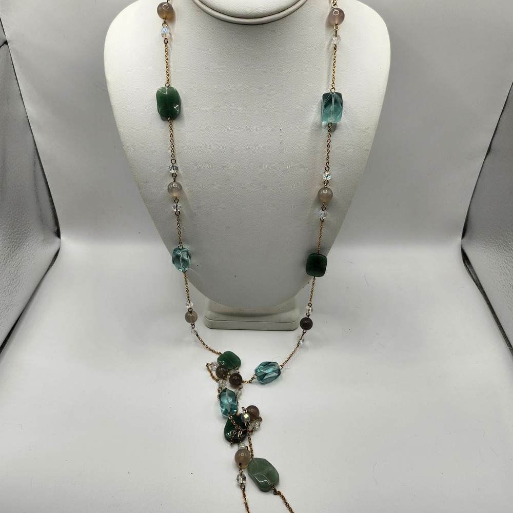 Gold Tone Station Necklace Green Blue Gray Mixed Bead Long Layering Chain